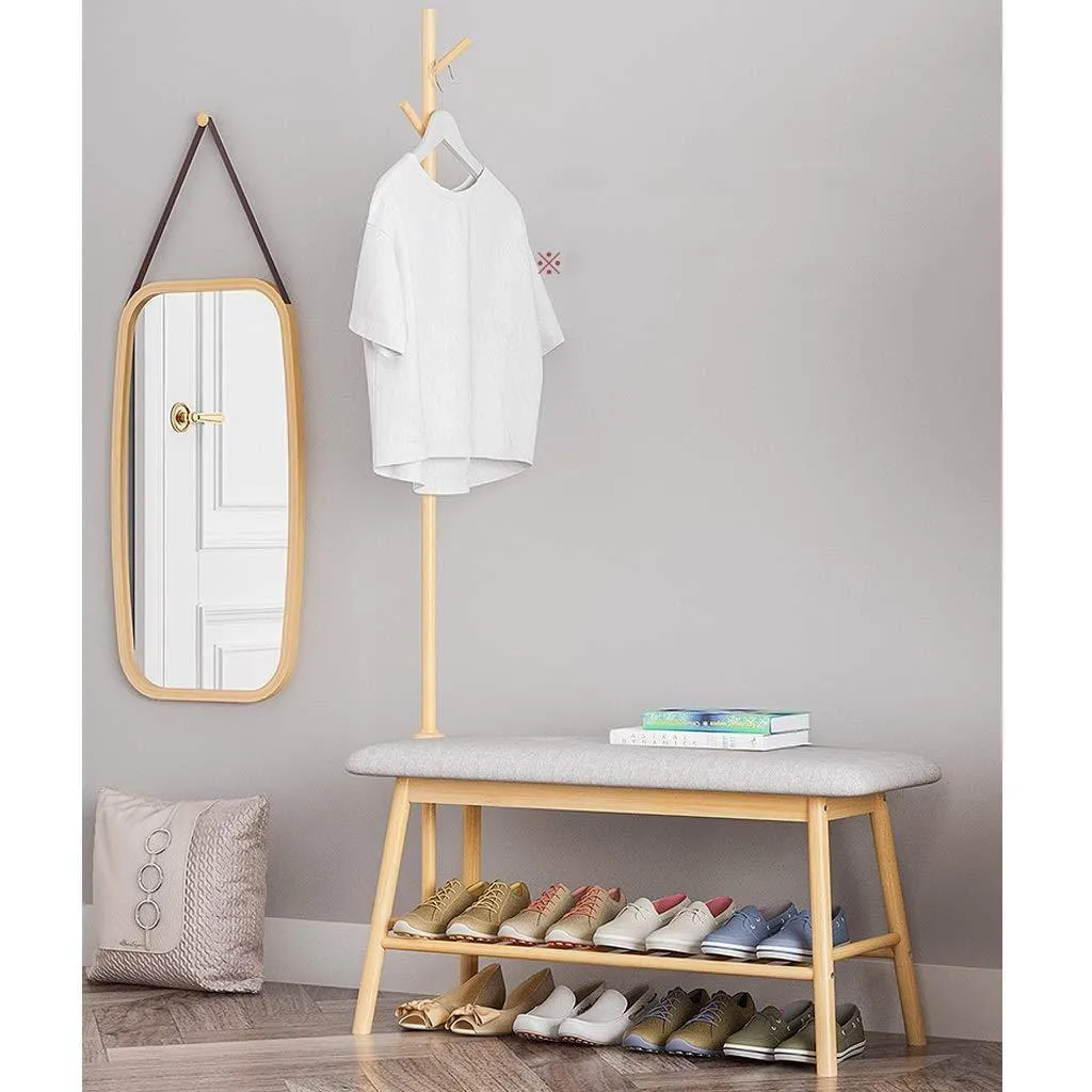 ZHEN GUO Entryway Shoe Bench with Coat Rack, Modern Bamboo Shoe Rack Organizer with Hall Tree Coat and hat Hanger Over The Door (Color : Natural)